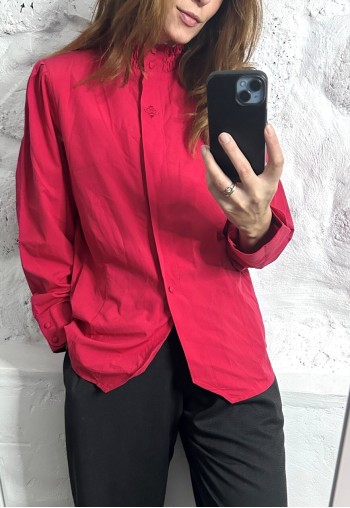 Red Shirt Jacket With Ruffle Collar - L