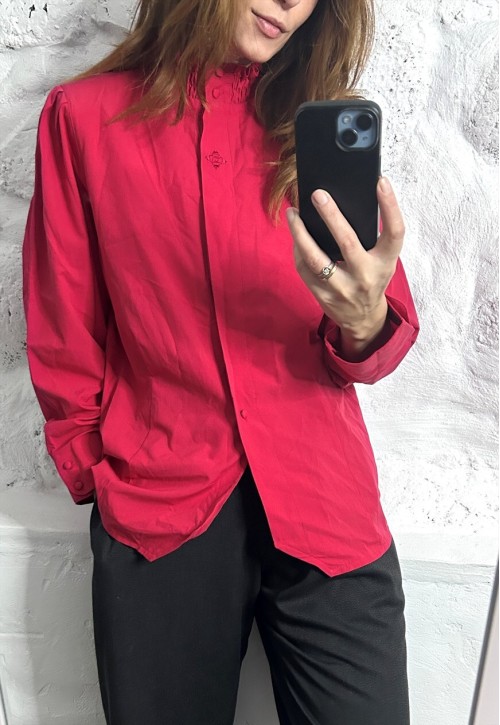 Red Shirt Jacket With Ruffle Collar - L