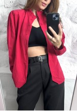 Red Shirt Jacket With Ruffle Collar - L