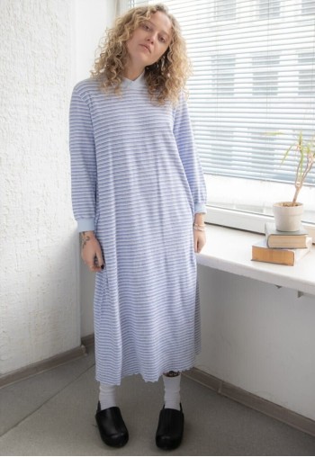 Vintage 70's White/Blue Striped Midi Long Sleeved Dress