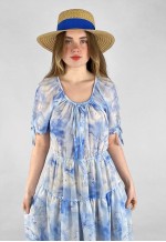 70's Blue White Floral Short Sleeve Sheer Maxi Vintage Dress