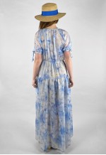 70's Blue White Floral Short Sleeve Sheer Maxi Vintage Dress