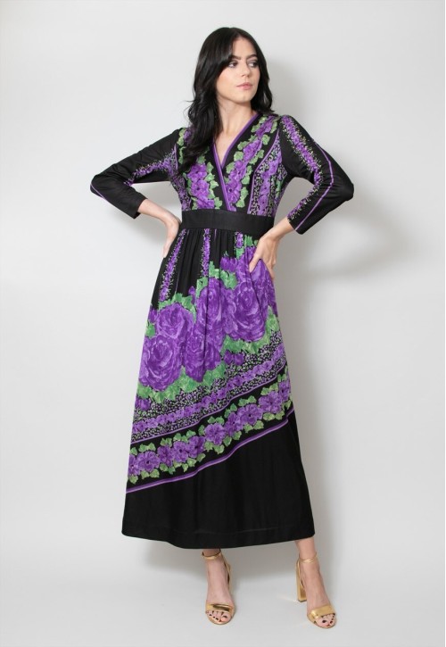 70's Vintage Black Purple Floral Midi Dress