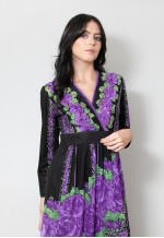 70's Vintage Black Purple Floral Midi Dress