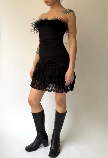 Vintage Black Lace Feather Dress