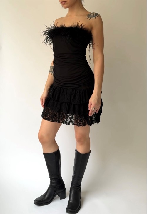 Vintage Black Lace Feather Dress