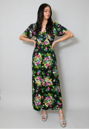 70's Vintage Black Maxi Dress Floral Print Size Small