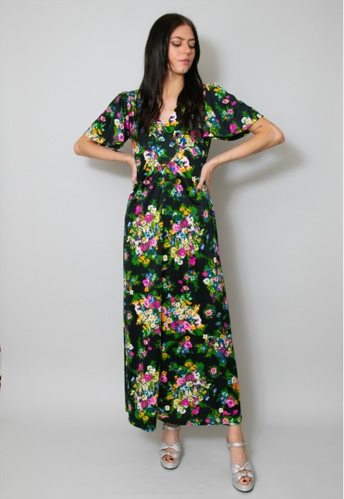 70's Vintage Black Maxi Dress Floral Print Size Small