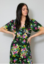70's Vintage Black Maxi Dress Floral Print Size Small