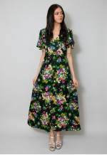 70's Vintage Black Maxi Dress Floral Print Size Small