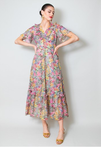 70's Vintage Midi Dress Floral Ruffle Fluted Sleeve