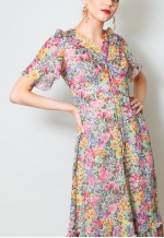 70's Vintage Midi Dress Floral Ruffle Fluted Sleeve