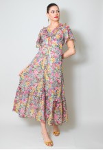 70's Vintage Midi Dress Floral Ruffle Fluted Sleeve