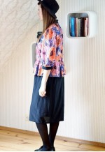 Orange floral and black peplum vintage dress