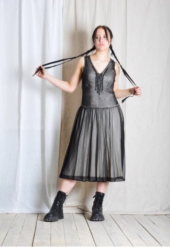 Y2K Beige Black Grunge Sheer Mesh V-Neck Midi Dress