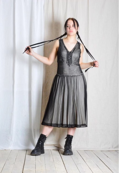 Y2K Beige Black Grunge Sheer Mesh V-Neck Midi Dress
