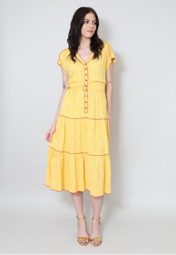 70's Vintage Elkont Yellow Boho Prairie Folk Midi Dress