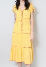 70's Vintage Elkont Yellow Boho Prairie Folk Midi Dress