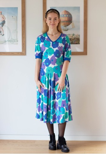 Bright blue green floral midi cotton dress
