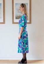 Bright blue green floral midi cotton dress