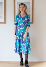 Bright blue green floral midi cotton dress