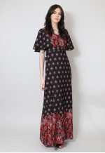 70's Vintage Vera Mont Black Floral Fluted Sleeve Maxi Dress