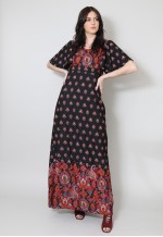 70's Vintage Vera Mont Black Floral Fluted Sleeve Maxi Dress