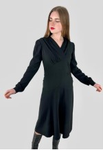 40's Vintage Antique Black Crepe Long Sleeve Midi Dress