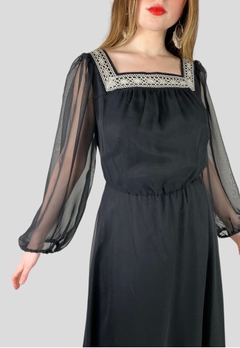 70's Vintage MKA Black Bell Sleeve Silver Lurex Maxi Dress