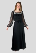 70's Vintage MKA Black Bell Sleeve Silver Lurex Maxi Dress