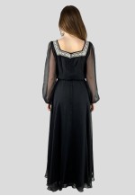 70's Vintage MKA Black Bell Sleeve Silver Lurex Maxi Dress