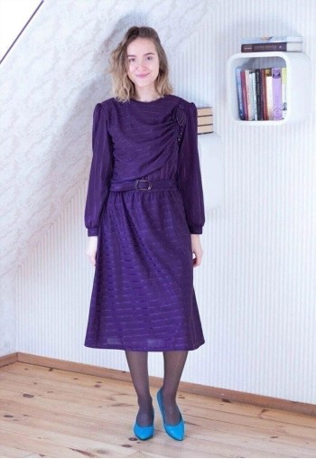 Purple striped long sleeve belted vintage dress