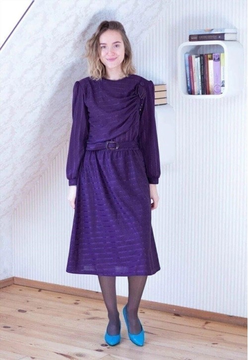 Purple striped long sleeve belted vintage dress