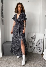 Split Leg Maxi Dress In Navy Polka Dot Print