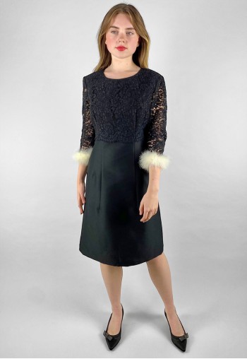 60's Black Lace Vintage Dress White Feather Details