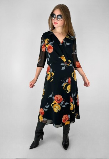 Vintage 70's Gerber Modell Black Floral Ladies Midi Dress