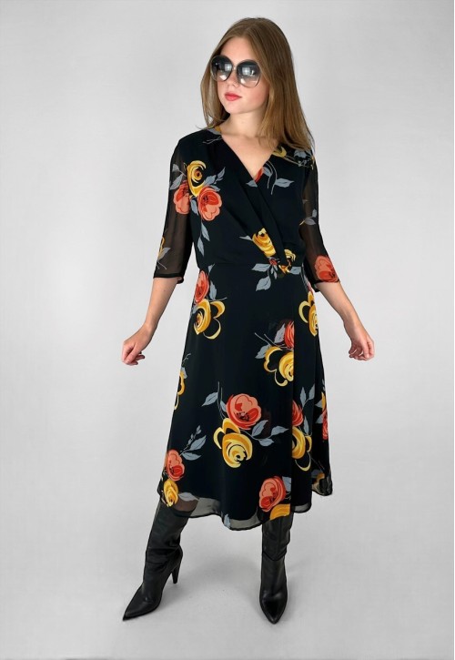 Vintage 70's Gerber Modell Black Floral Ladies Midi Dress