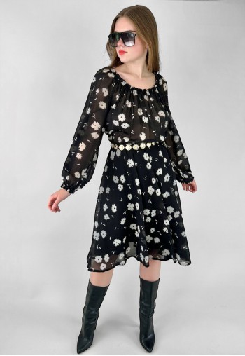 70's Ladies Vintage Black and White Floral Printed Dress