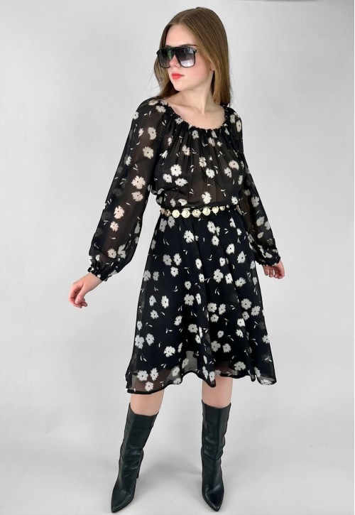 70's Ladies Vintage Black and White Floral Printed Dress