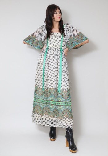 70's Veronica White Polka Dot Floral Green Midi Dress