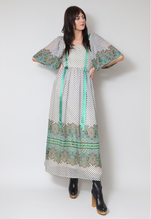 70's Veronica White Polka Dot Floral Green Midi Dress