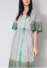 70's Veronica White Polka Dot Floral Green Midi Dress