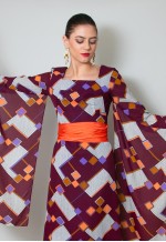 70's Vintage Burgundy Kimono Angel Sleeve Midi Print Dress