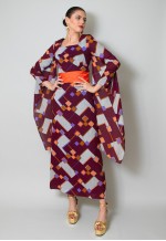 70's Vintage Burgundy Kimono Angel Sleeve Midi Print Dress