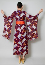 70's Vintage Burgundy Kimono Angel Sleeve Midi Print Dress