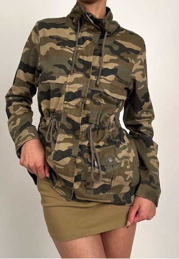 00s Khaki Green Military Camo Cargo Jacket Drawstring Waist