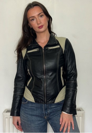 Vintage Black Beige Leather Moto Bomber Jacket