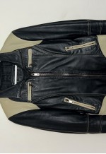 Vintage Black Beige Leather Moto Bomber Jacket