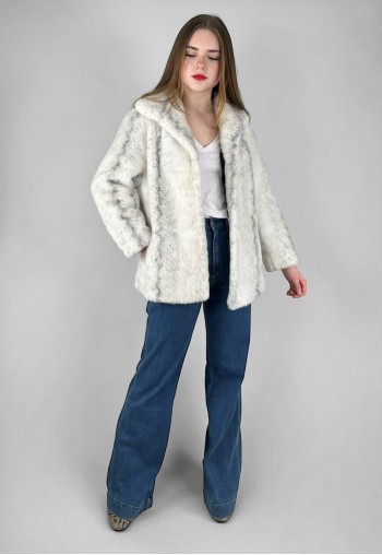 70's Vintage Ladies Faux Fur White Grey Size Small